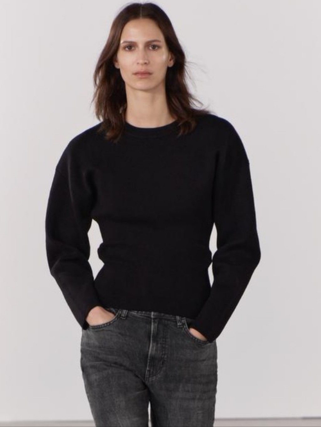 Zara Xs Black Fitted Waist Crew Neck Sweater,Nwot